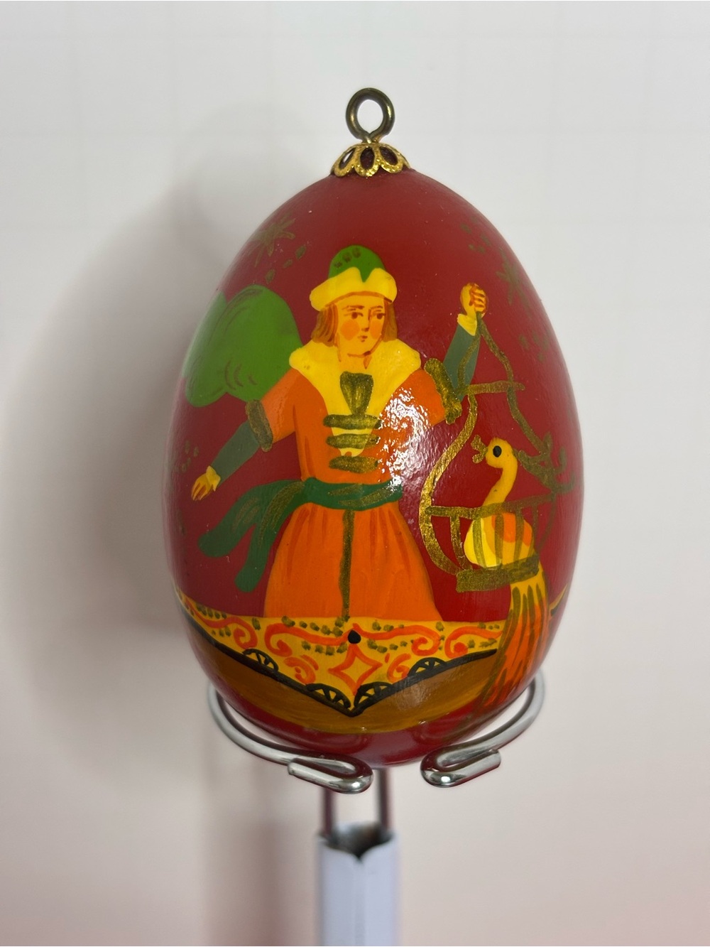 Hand-Painted Russian Folk Art. Signed V.S.  Red Decorative Holiday Egg Ornament